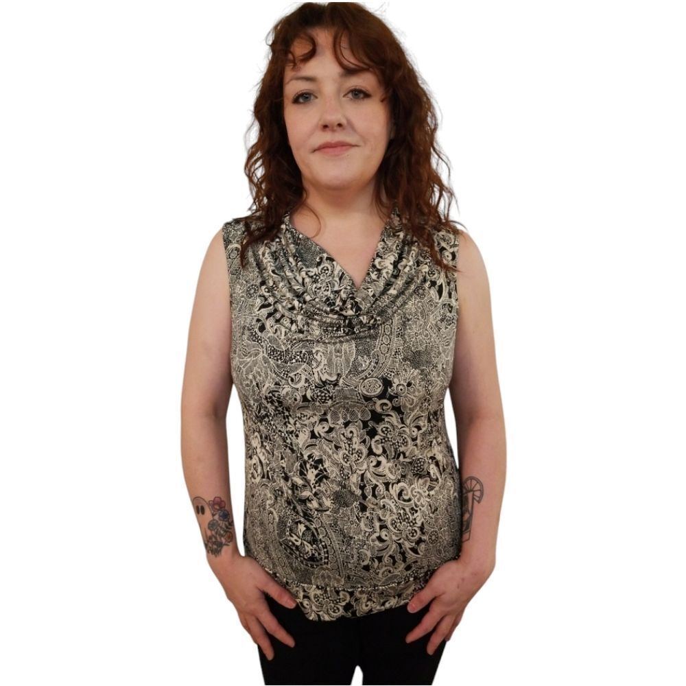 Alfani Sleeveless Top Tan Beige Paisley Cowl Neck With Sequins Size Large